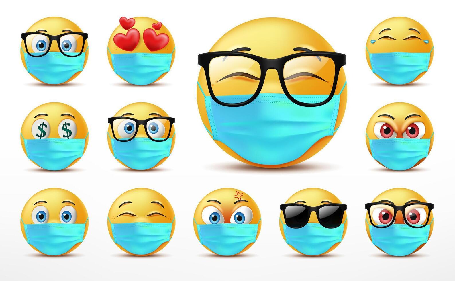 sorridente facce emoticon personaggio impostare, facciale espressioni di carino giallo facce coperto nel medico maschera. 3d realistico, vettore illustrazione