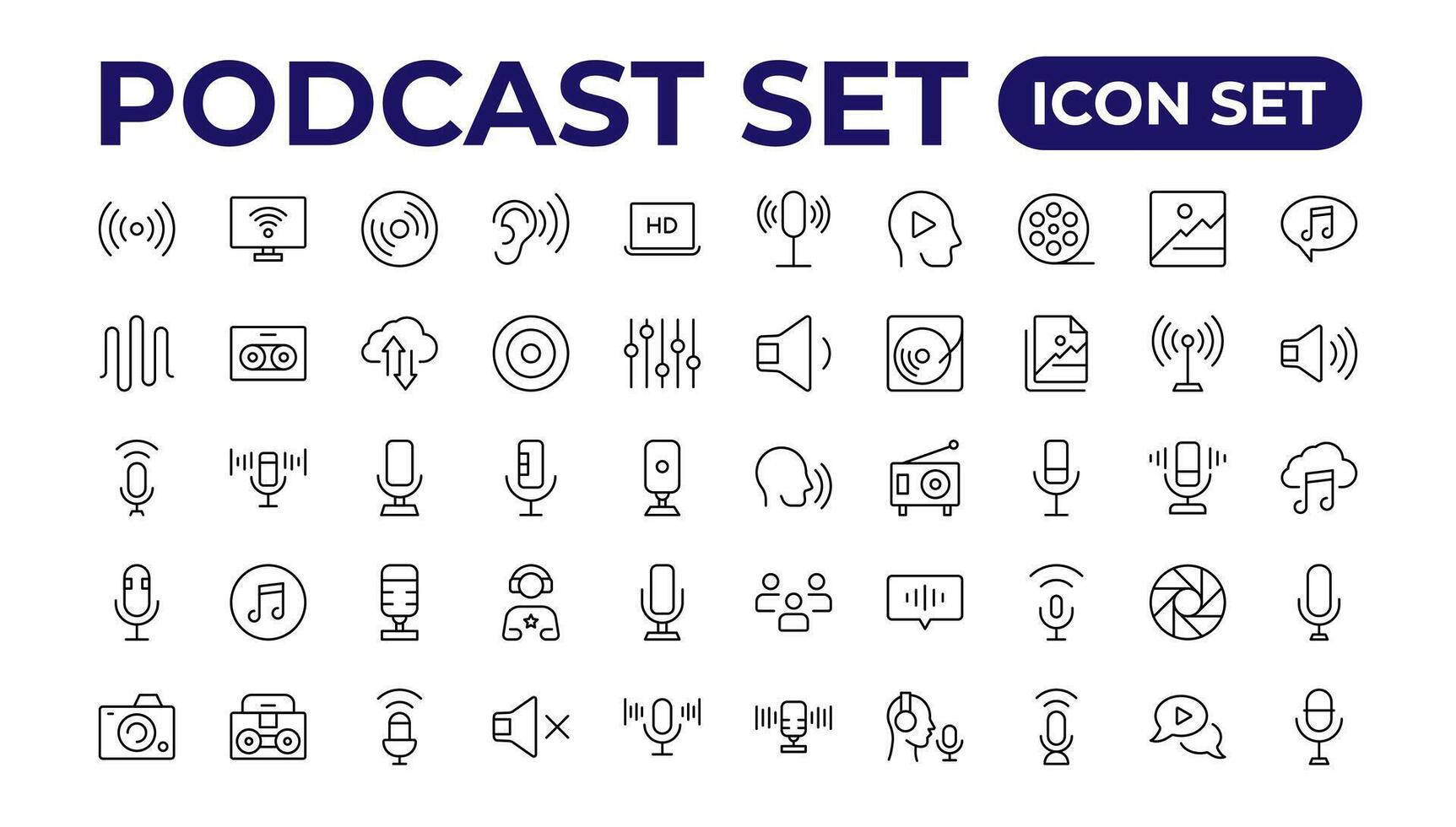 Podcast icona collezione. contenente Audio, microfono, disco, podcasting, trasmissione.contorno icona collezione. vettore