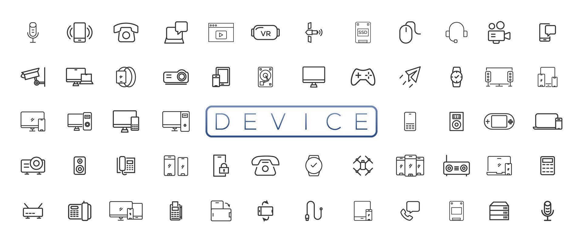 dispositivo e tecnologia linea icona impostare. elettronico dispositivi e gadget, computer, attrezzatura e elettronica. computer tenere sotto controllo, smartphone, tavoletta e il computer portatile sumbol collezione vettore