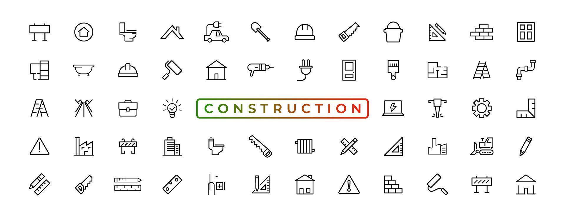 costruzione linea icone impostare. casa riparazione utensili schema icone collezione. costruzione Strumenti, costruttori e attrezzatura simboli. costruttore, gru, ingegneria, attrezzatura, casco, attrezzo, Casa - azione vettore. vettore