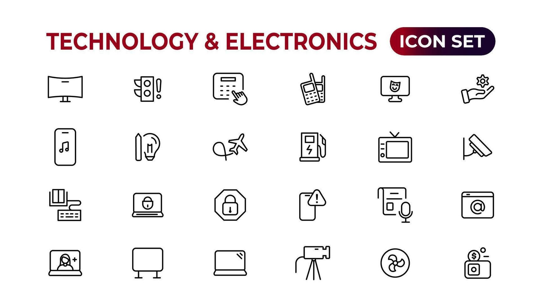 tecnologia e elettronica e dispositivi ragnatela icone nel linea stile. dispositivo, Telefono, computer portatile, comunicazione, smartphone, e-commerce. vettore illustrazione.