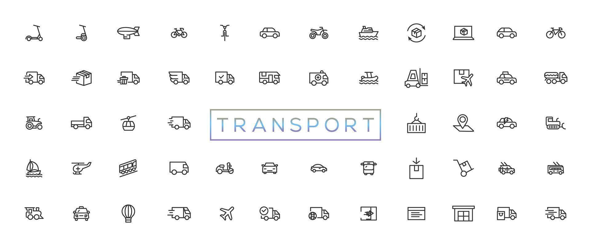 trasporto, veicolo e consegna elementi - minimo magro linea ragnatela icona impostare. schema icone collezione vettore