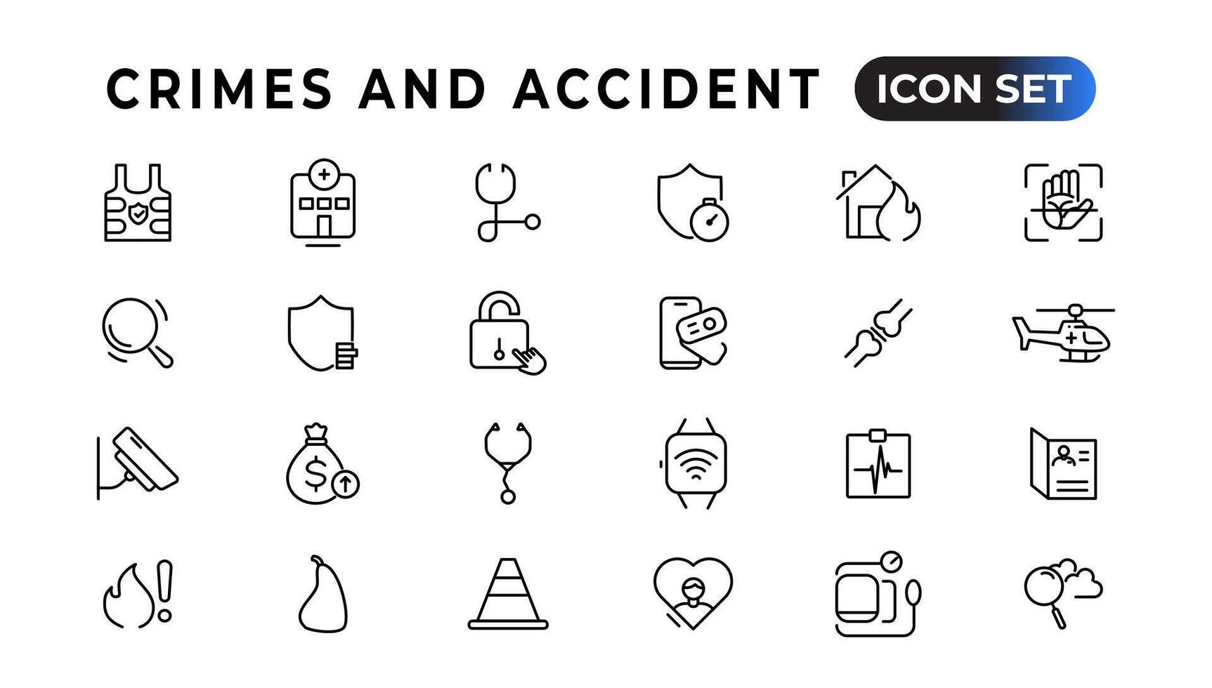 crimini e incidente lineare icone collezione.set di magro linea ragnatela icona impostare, semplice schema icone collezione, pixel Perfetto icone, semplice vettore illustrazione