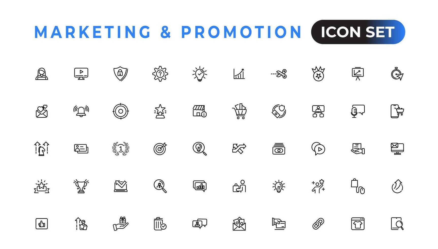 marketing e promozione lineare icone collezione.set di magro linea ragnatela icona impostare, semplice schema icone collezione, pixel Perfetto icone, semplice vettore illustrazione.