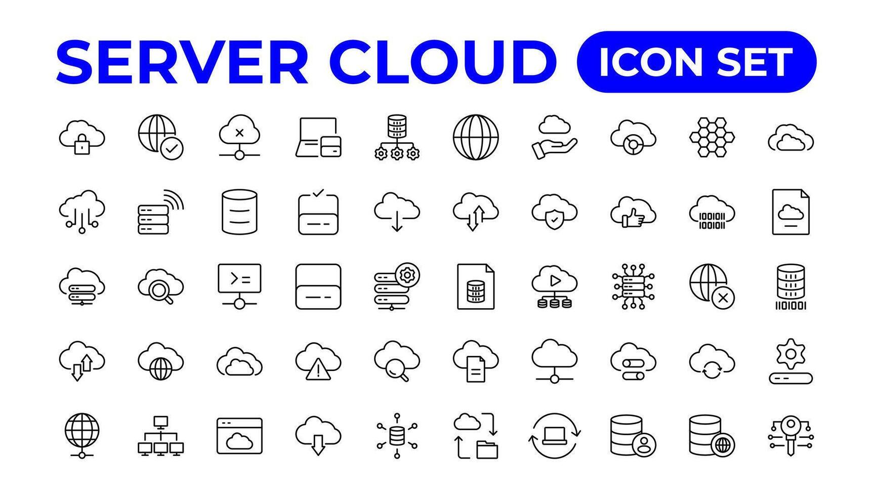 impostato di linea icone relazionato per nube informatica, nube Servizi, server, informatica sicurezza, digitale trasformazione. schema icona collezione. vettore