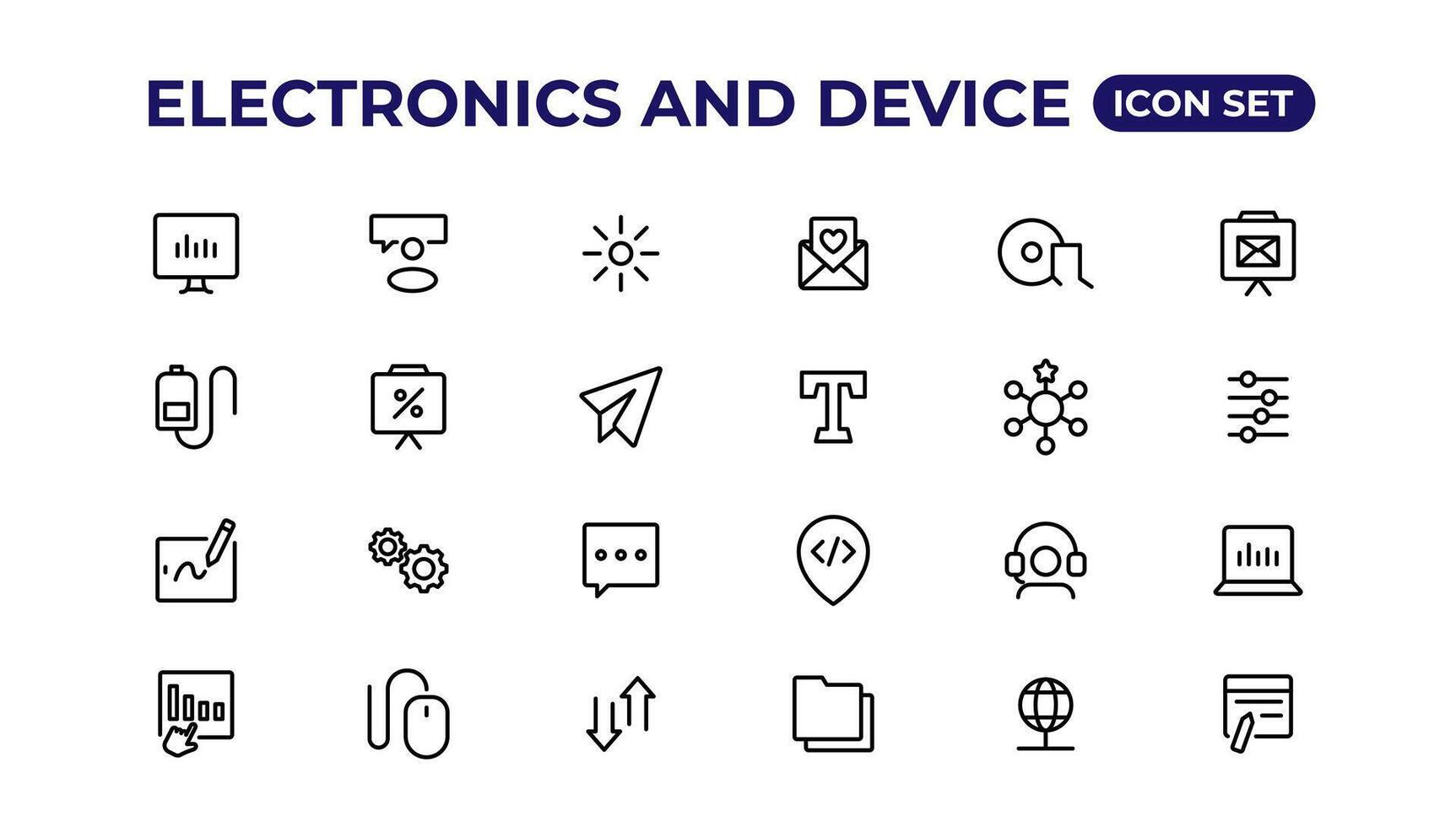 elettronica e dispositivo Linee icona impostare. elettronico dispositivi e gadget, computer, attrezzatura e elettronica. computer tenere sotto controllo, smartphone, tavoletta e il computer portatile sumbol collezione. vettore