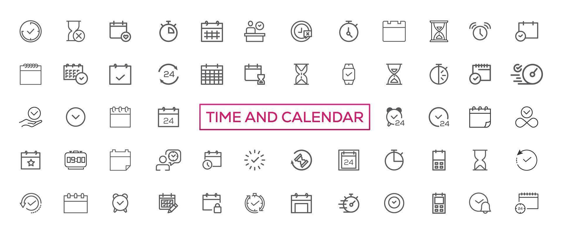 tempo e orologio, calendario, Timer linea icone. vettore lineare icona impostato