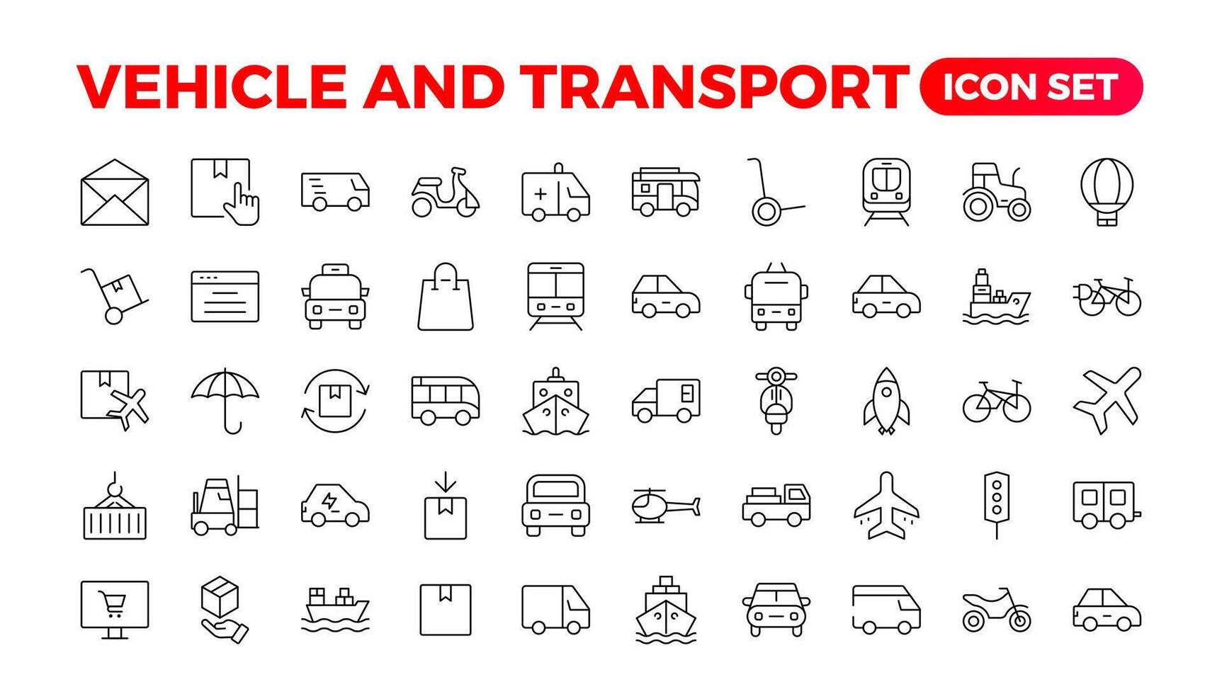 trasporto, veicolo, e consegna elementi - minimo linea sottile ragnatela icona impostare. schema icone collezione. auto, bicicletta, scooter, bulldozer, autobus, cavo, macchina, elicottero. vettore