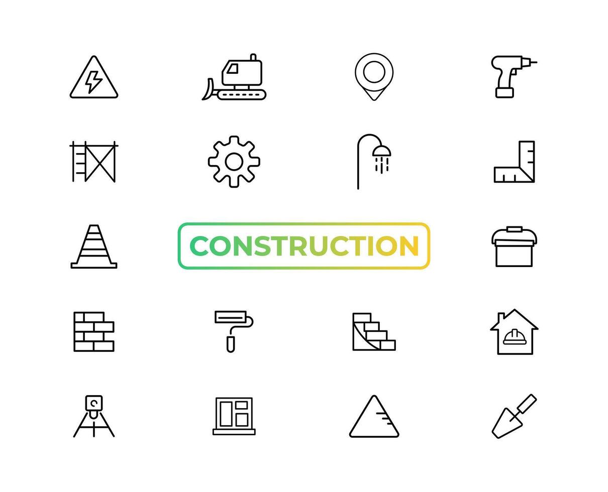 costruzione linea icone impostare. casa riparazione utensili schema icone collezione. costruzione Strumenti, costruttori e attrezzatura simboli. costruttore, gru, ingegneria, attrezzatura, casco, attrezzo, Casa - azione vettore. vettore