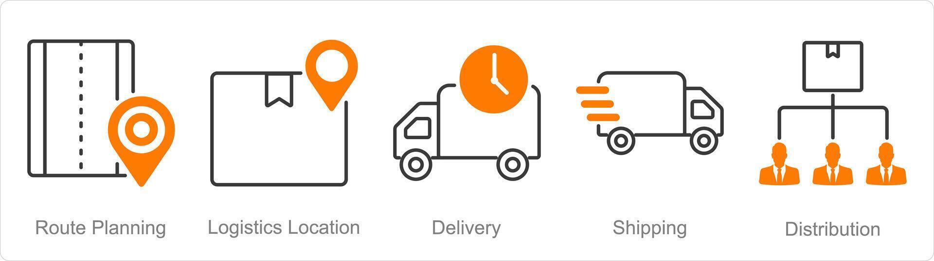 un' impostato di 5 la logistica icone come itinerario pianificazione, la logistica Posizione, consegna vettore