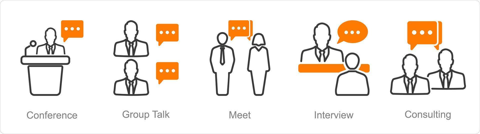 un' impostato di 5 incontro icone come conferenza, gruppo parlare, incontrare vettore