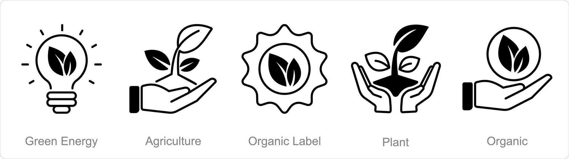 un' impostato di 5 biologico agricoltura icone come verde energia, agricoltura, biologico etichetta vettore