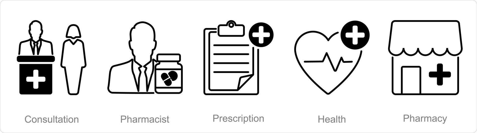 un' impostato di 5 farmacia icone come consultazione, farmacista, prescrizione vettore