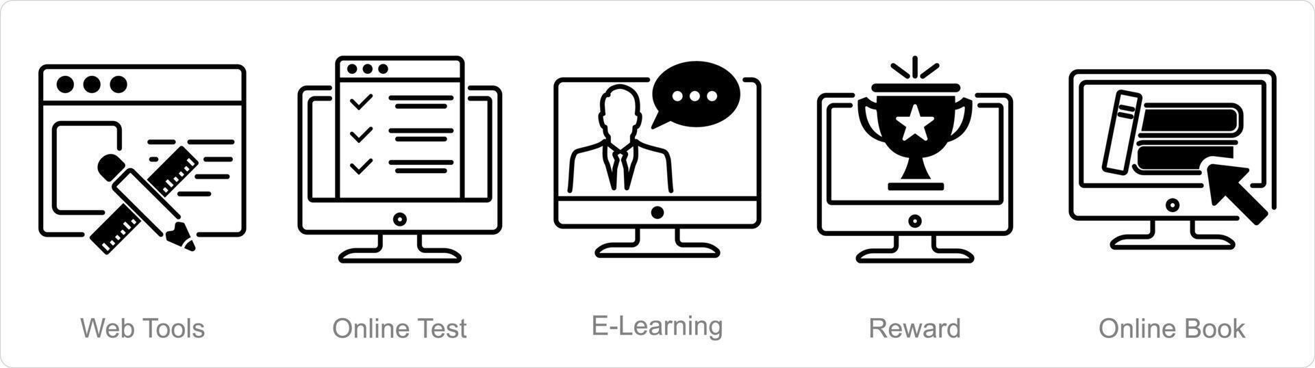 un' impostato di 5 educazione online icone come ragnatela Strumenti, in linea test, e-learning vettore