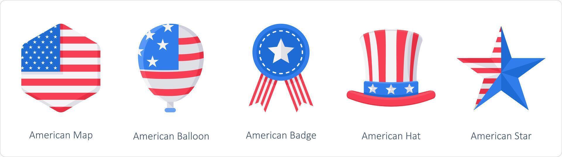 un' impostato di 5 America indipendenza giorno icone come americano carta geografica, americano Palloncino, americano distintivo vettore