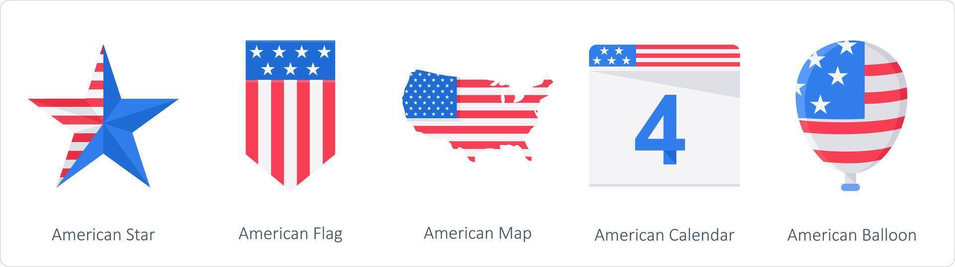 un' impostato di 5 America indipendenza giorno icone come americano stella, americano bandiera, americano carta geografica vettore