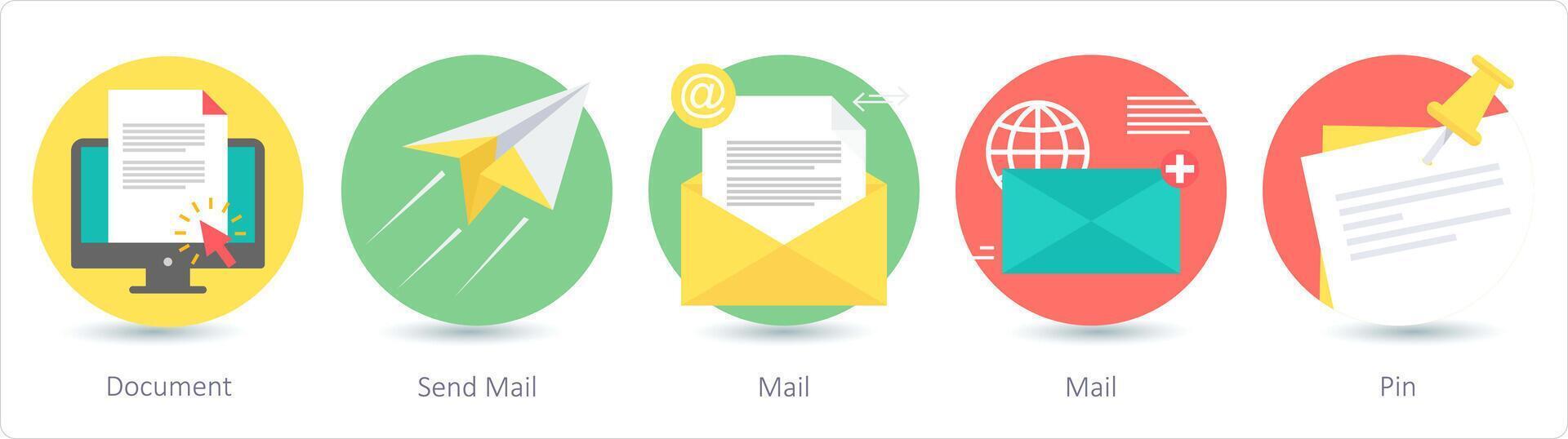 un' impostato di 5 attività commerciale icone come documento, Spedire posta, posta vettore