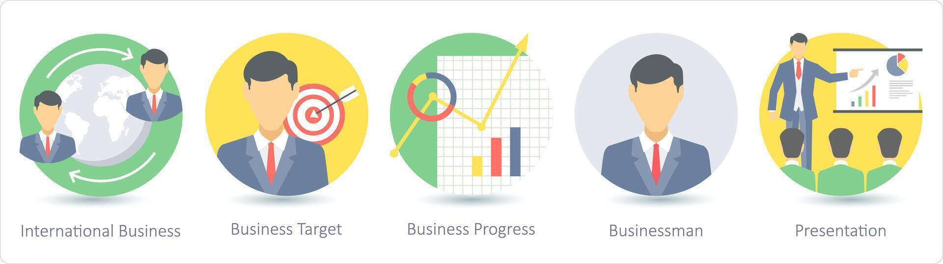 un' impostato di 5 attività commerciale icone come internazionale attività commerciale, attività commerciale obbiettivo, attività commerciale progresso vettore