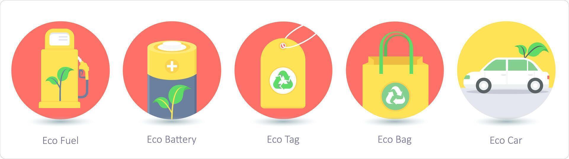 un' impostato di 5 ecologia icone come eco carburante, eco batteria, eco etichetta vettore
