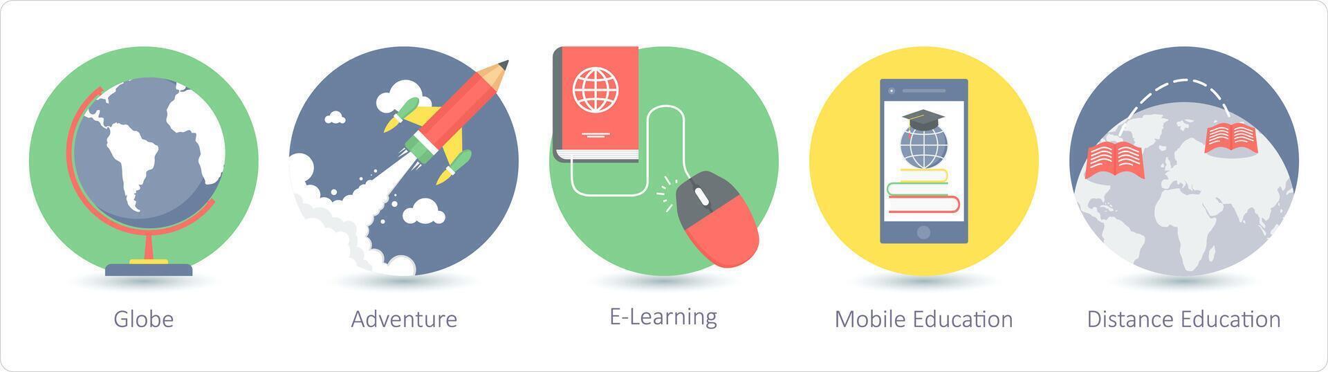 un' impostato di 5 formazione scolastica icone come globo, avventura, e-learning vettore