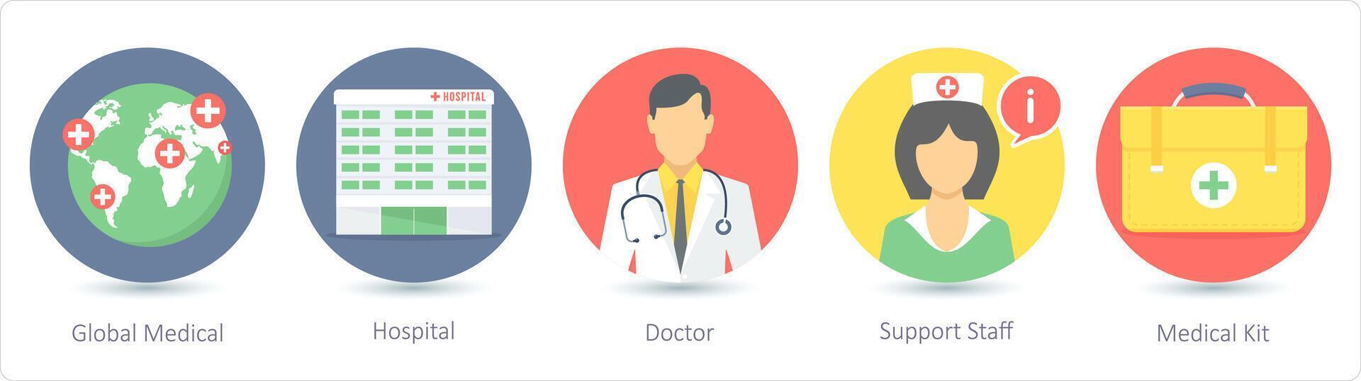 un' impostato di 5 medico icone come globale medico, Ospedale, medico vettore