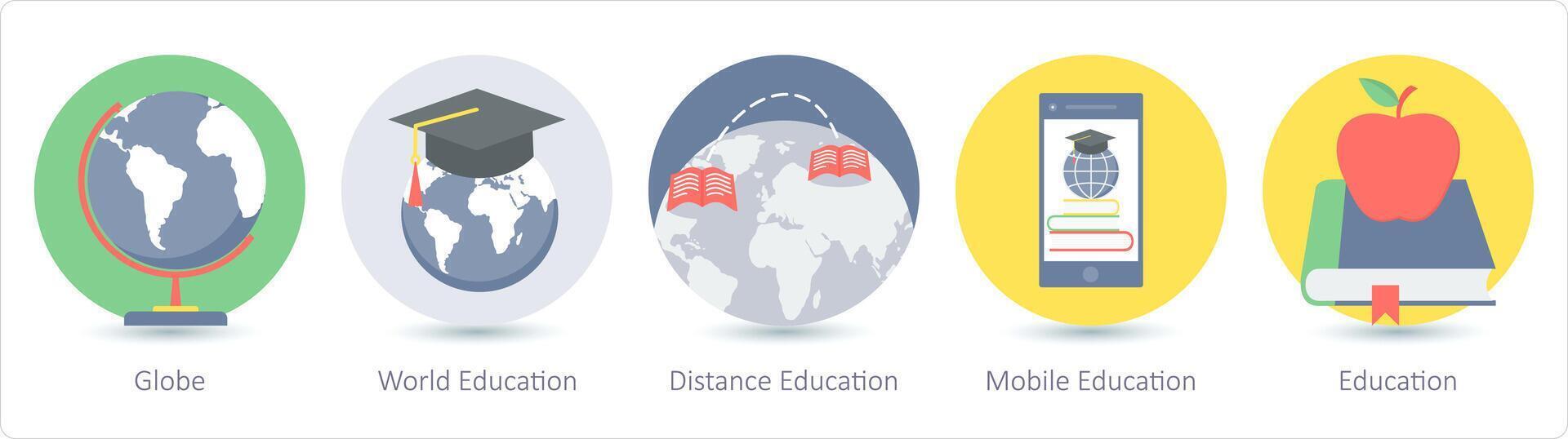 un' impostato di 5 formazione scolastica icone come globo, mondo formazione scolastica, distanza formazione scolastica vettore