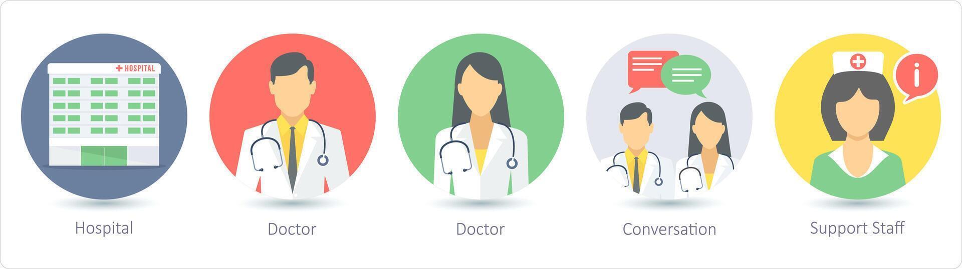 un' impostato di 5 medico icone come Ospedale, medico, conversazione vettore