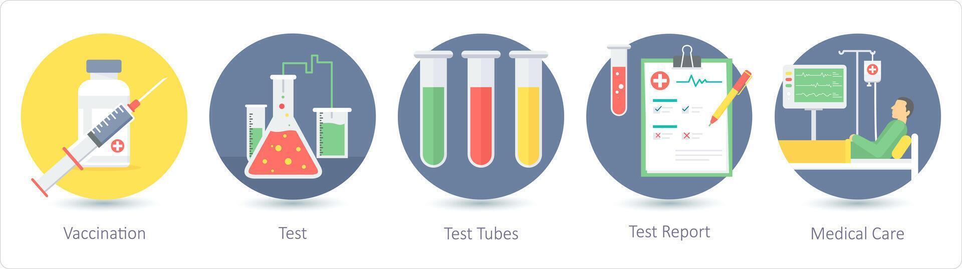 un' impostato di 5 medico icone come vaccinazione, test, test tubi, test rapporto vettore