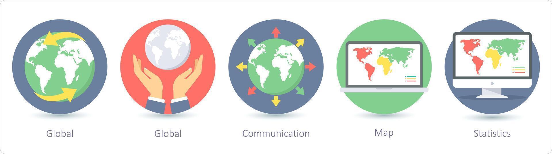 un' impostato di 5 SEO icone come globale, comunicazione, carta geografica vettore