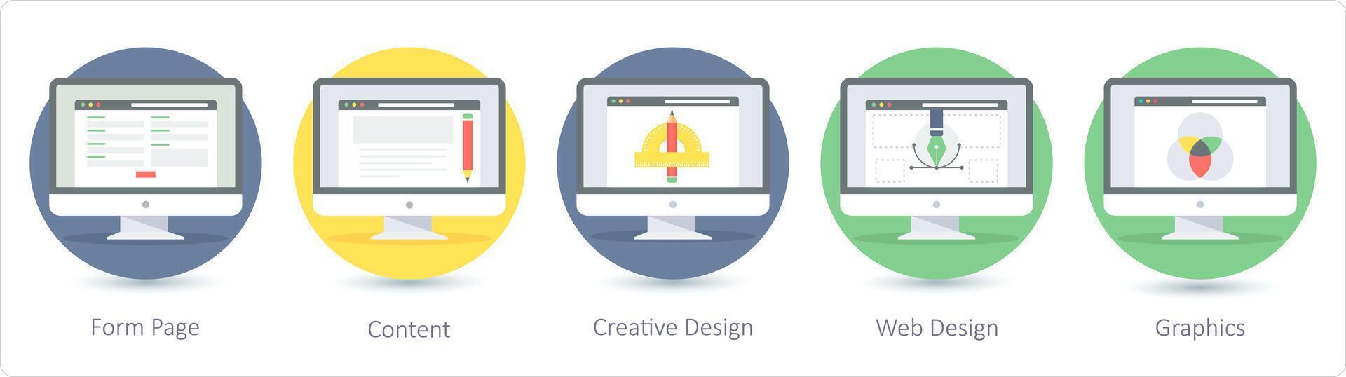 un' impostato di 5 SEO icone come modulo pagina, contenuto, creativo design vettore