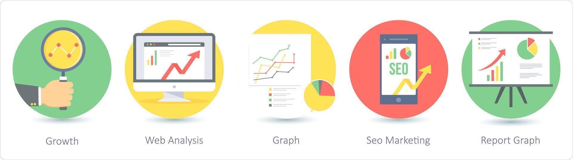 un' impostato di 5 SEO icone come crescita, ragnatela analisi, grafico, rapporto grafico vettore