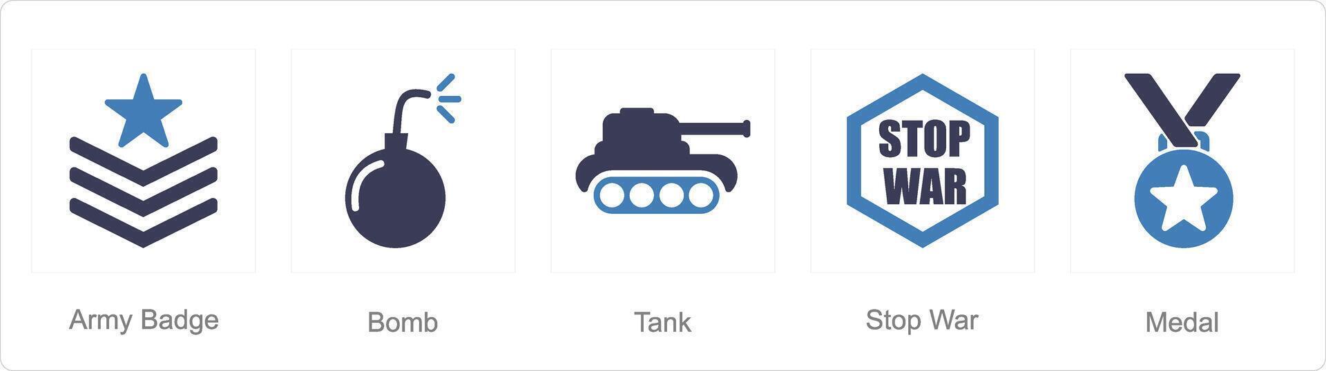 un' impostato di 5 mescolare icone come esercito distintivo, bomba, serbatoio vettore