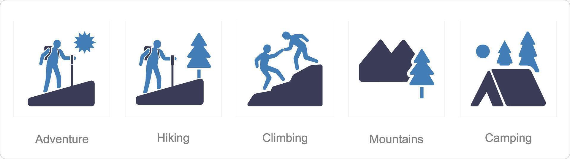 un' impostato di 5 avventura icone come avventura, escursionismo, arrampicata vettore