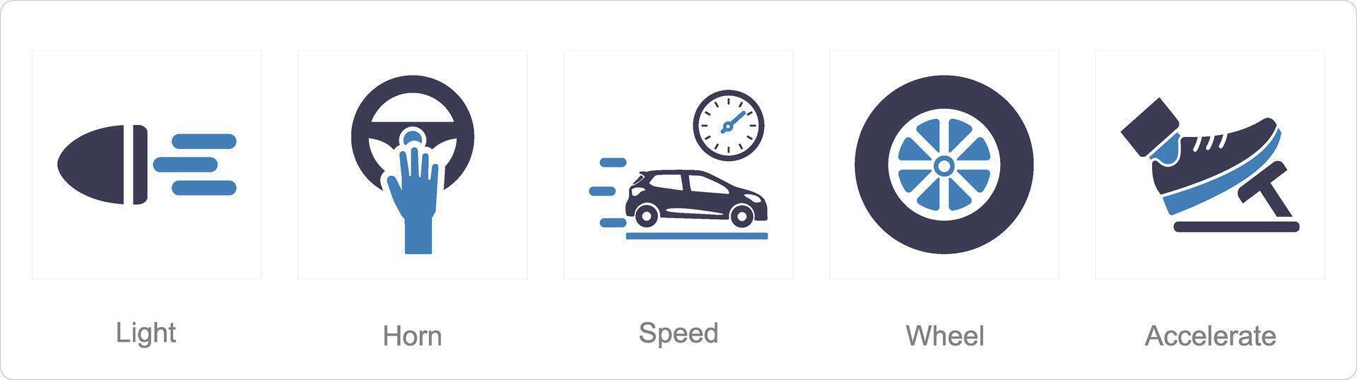 un' impostato di 5 auto icone come luce, corno, velocità vettore