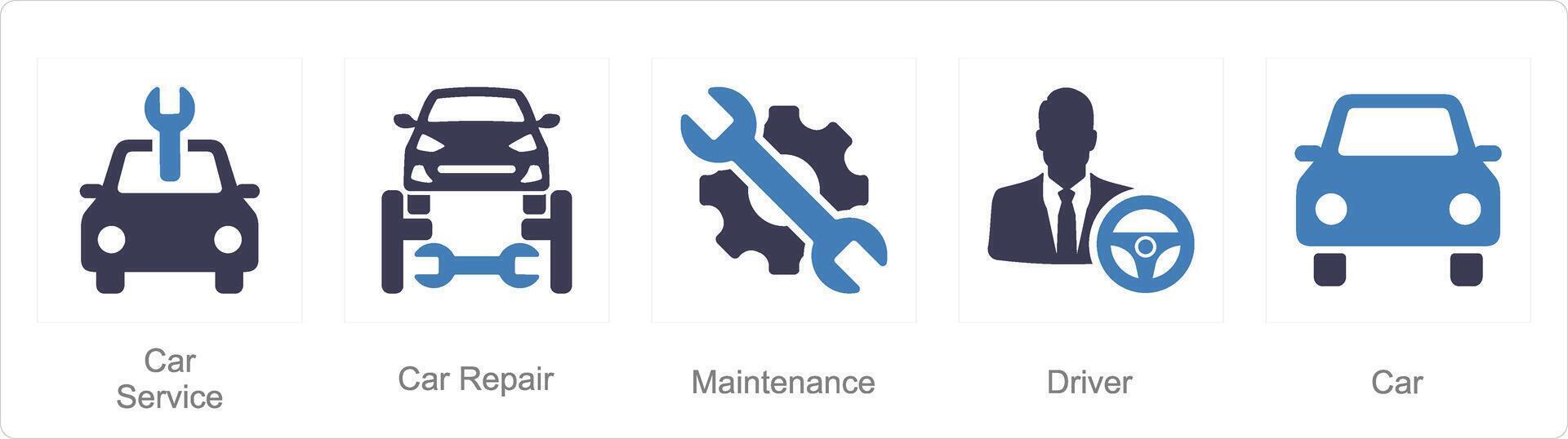 un' impostato di 5 auto icone come auto servizio, auto riparazione, Manutenzione vettore