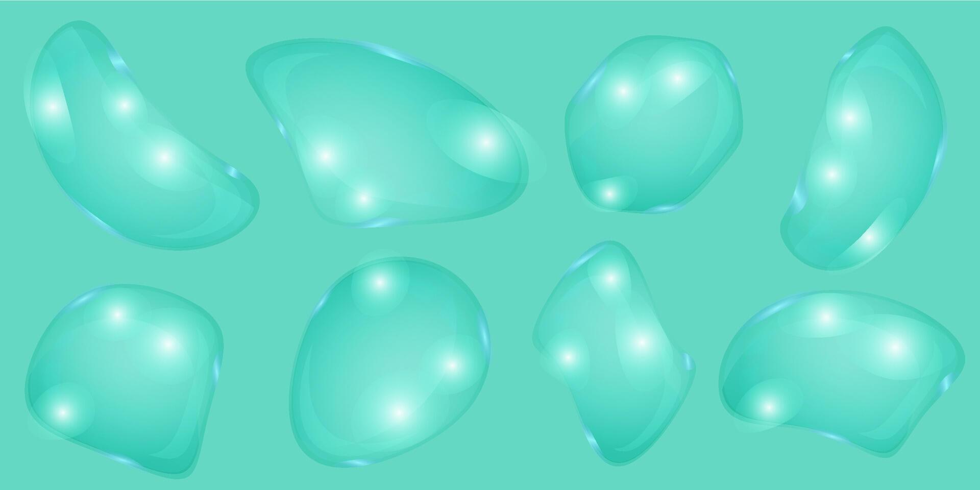 trasparente liquido le forme con leggero rifrazione. bolle imitando acqua gocce o bicchiere isolato su verde sfondo. vettore