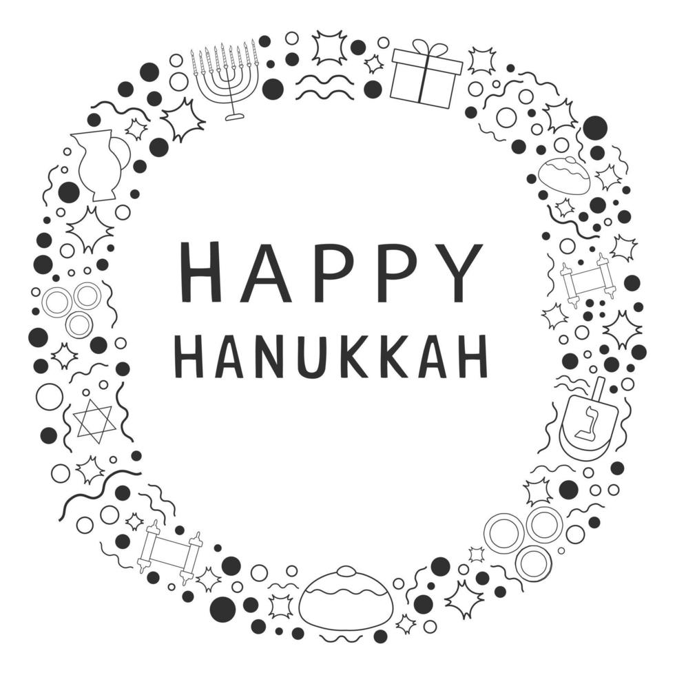 cornice con design piatto vacanza hanukkah icone linea sottile nera con testo in inglese vettore