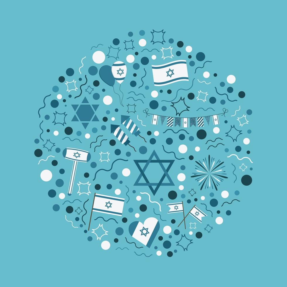 le icone del design piatto per le vacanze del giorno dell'indipendenza di israele impostate in forma rotonda con sfondo blu con sfondo blu vettore