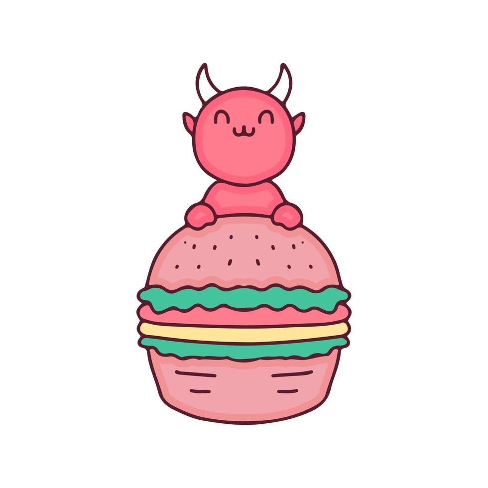 cartone animato adorabile diavolo rosso con hamburger. perfetto per bambini della scuola materna, biglietti di auguri, baby shower, design in tessuto. vettore