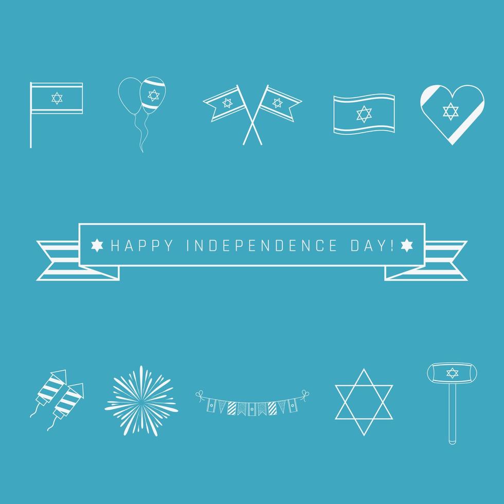 israele giorno dell'indipendenza vacanza design piatto bianco linea sottile icone impostate con testo in inglese vettore