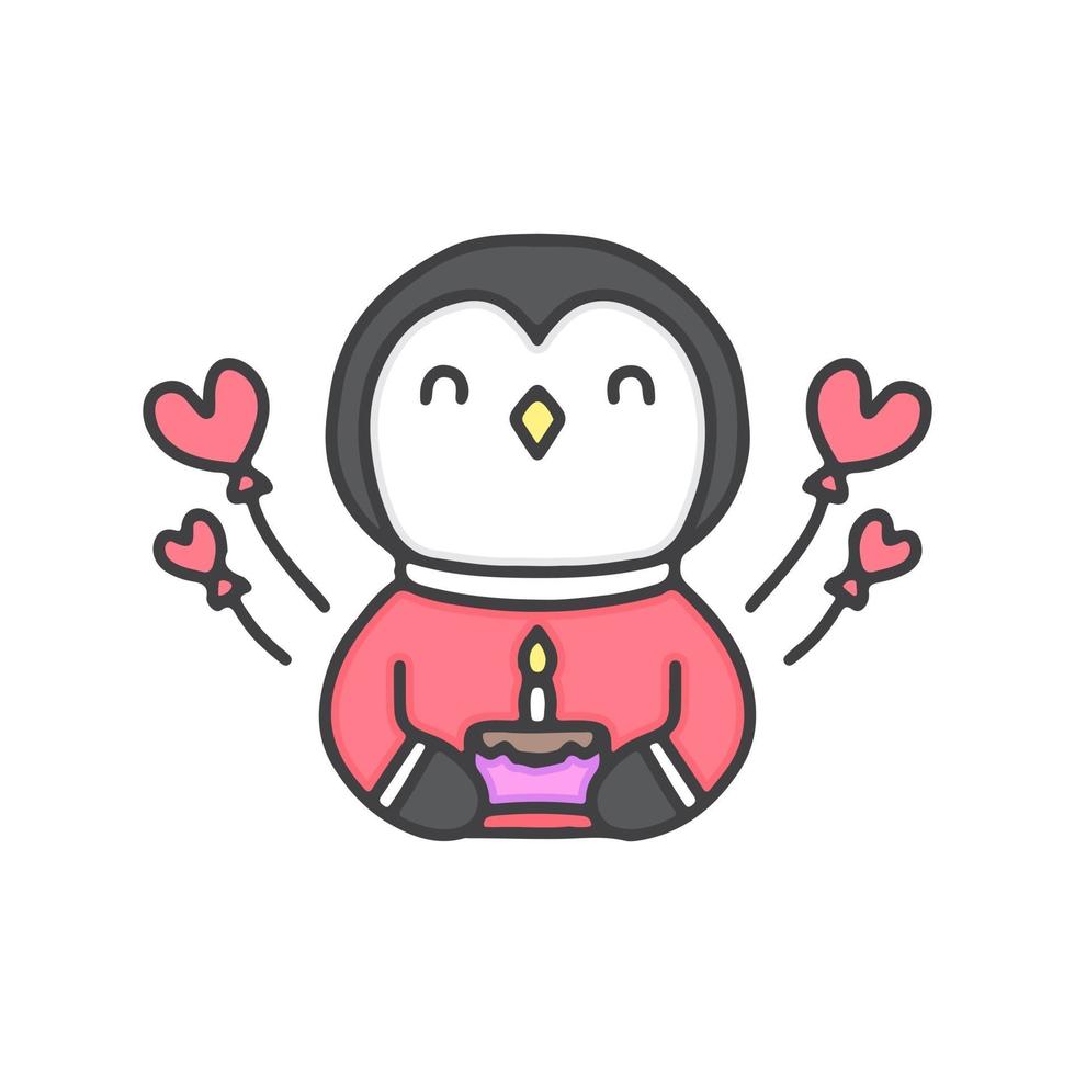 simpatico pinguino con cartone animato torta di compleanno, illustrazione per adesivi e maglietta. vettore