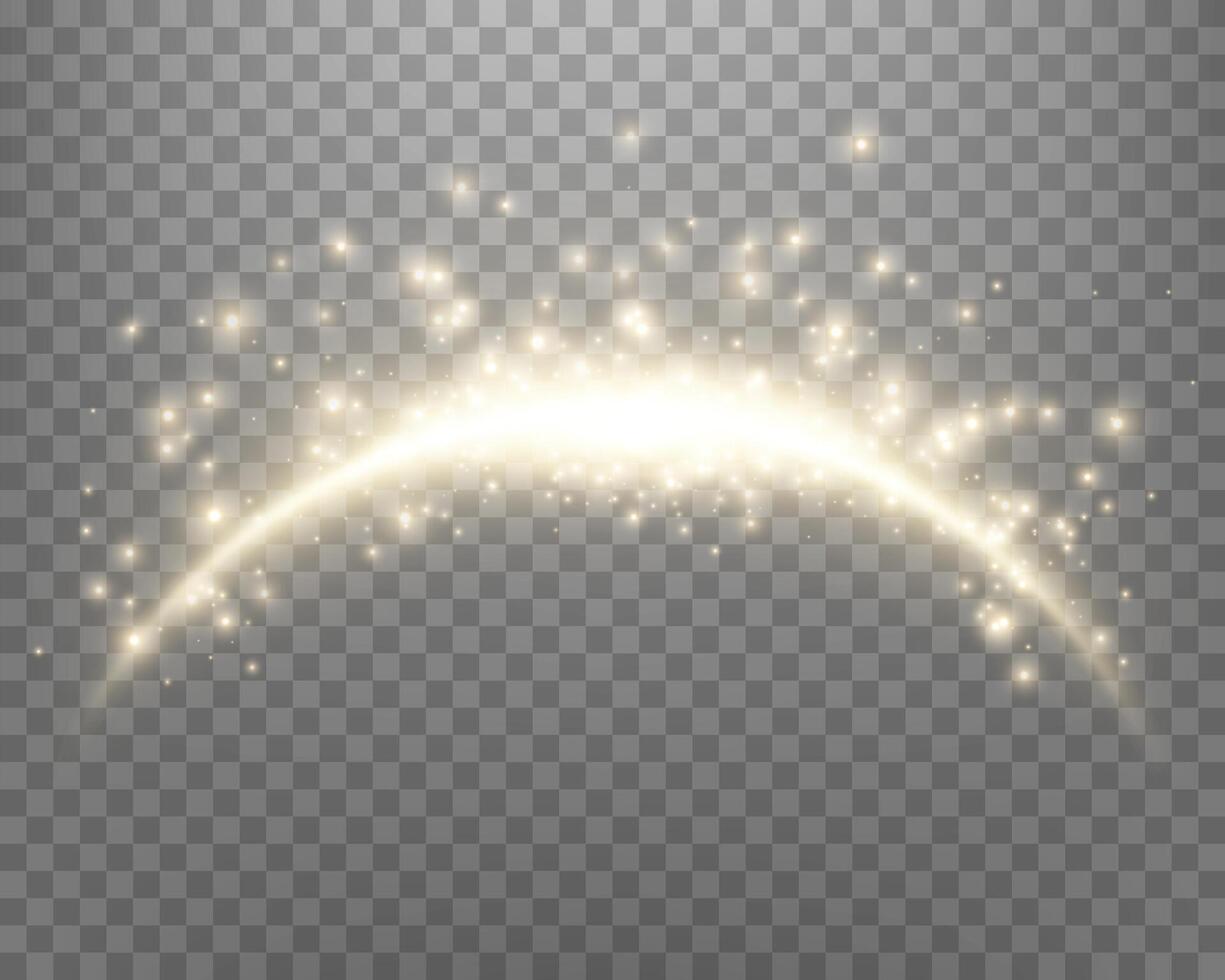 oro Magia arco con raggiante particelle, luce del sole lente bagliore. neon realistico energia bagliore arco. astratto leggero effetto. vettore illustrazione.