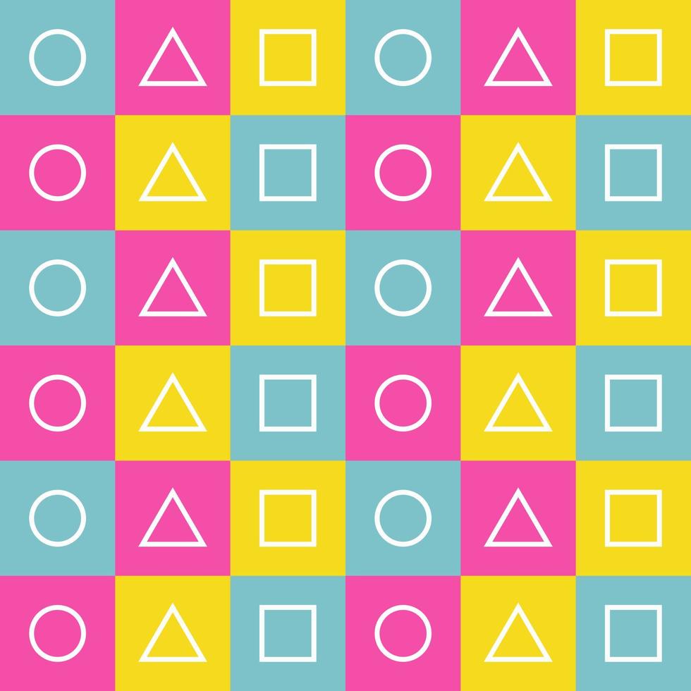 modello di geometria senza soluzione di continuità. cerchio, triangolo, piastrella quadrata su sfondo giallo verde acqua rosa vettore