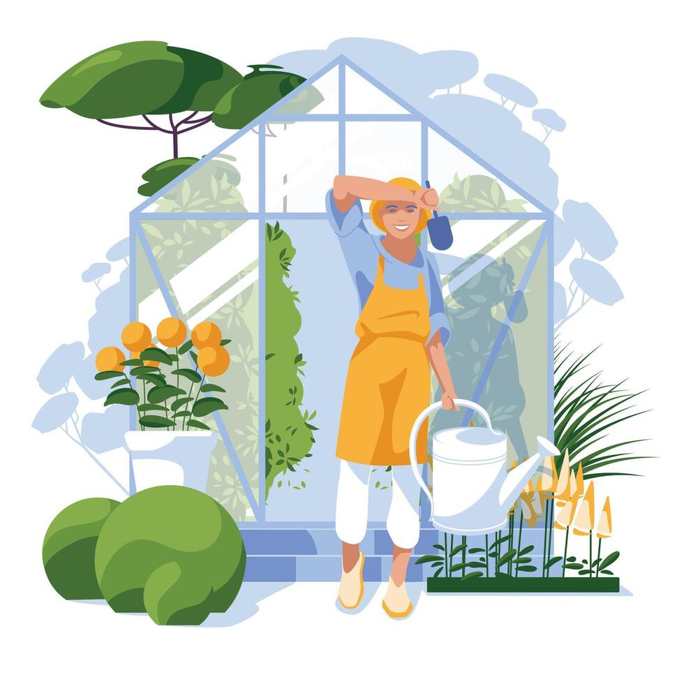 giovane donna vicino il serra. primavera e estate giardinaggio concetto. vettore piatto illustrazione