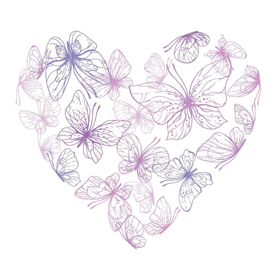 farfalle siamo rosa, blu, lilla, volare, delicato linea arte. grafico illustrazione mano disegnato nel rosa, lilla inchiostro. composizione nel il forma di un' cuore eps vettore. vettore