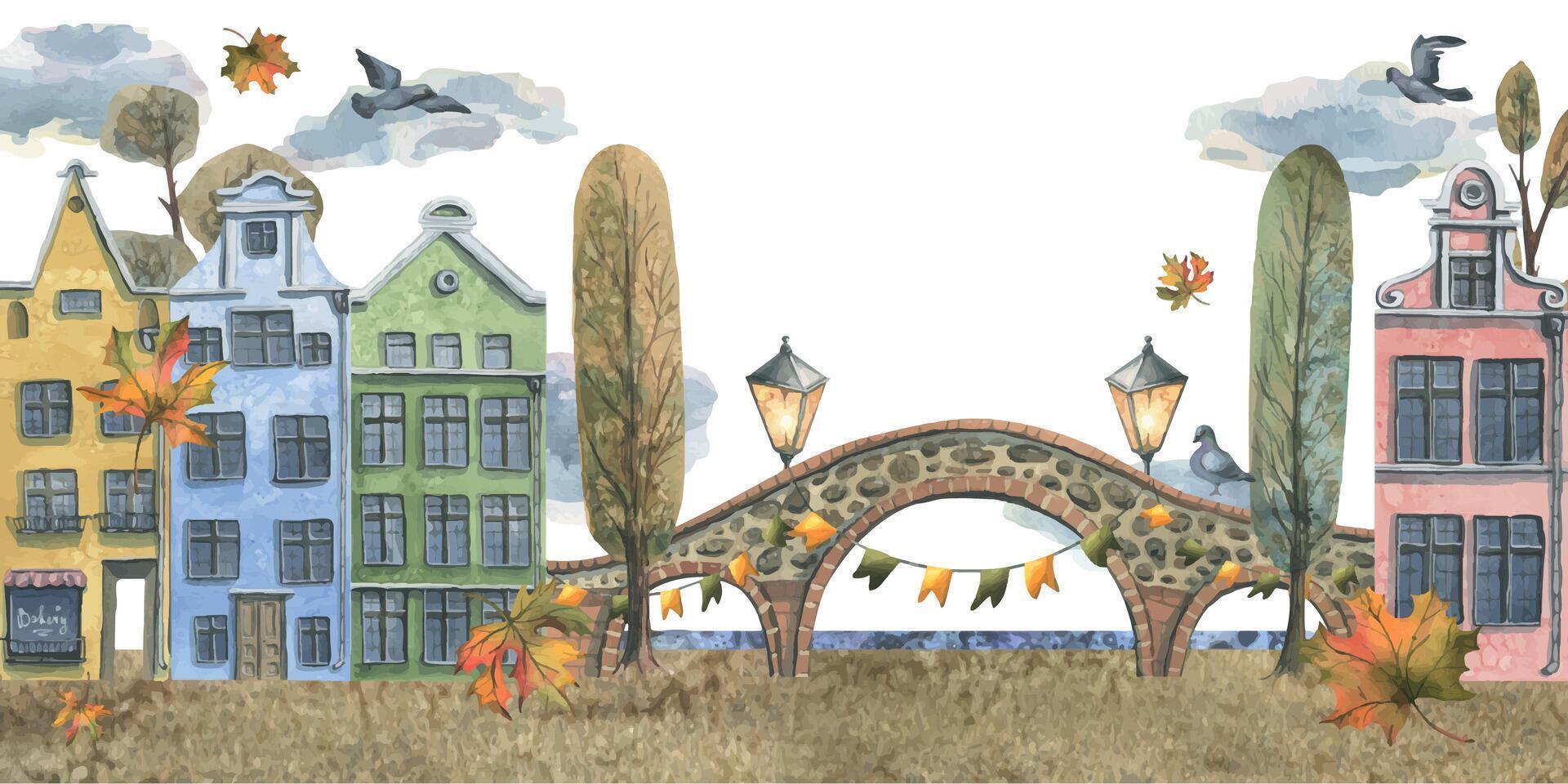 antico europeo case siamo colorato, con autunno alberi e foglie, pietra ponti e lanterne. mano disegnato acquerello illustrazione. il scena, modello è isolato a partire dal il sfondo. vettore