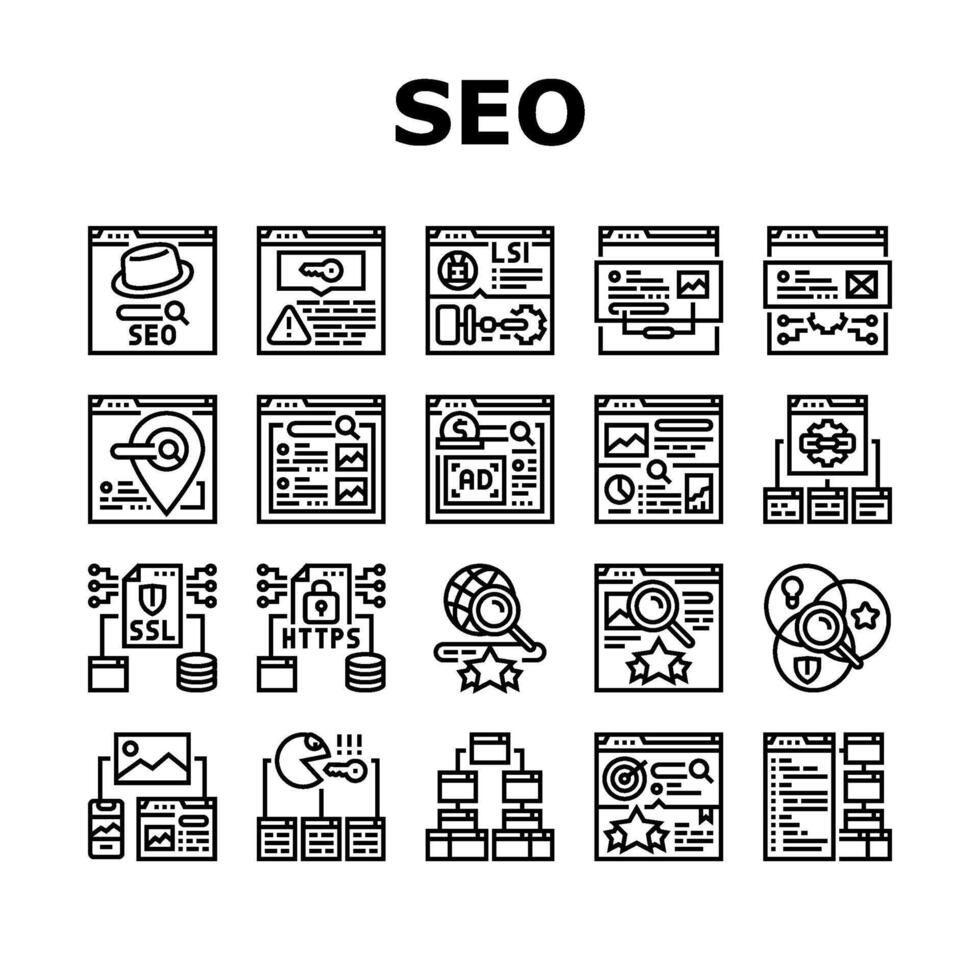 SEO mercato rango ricerca icone impostato vettore