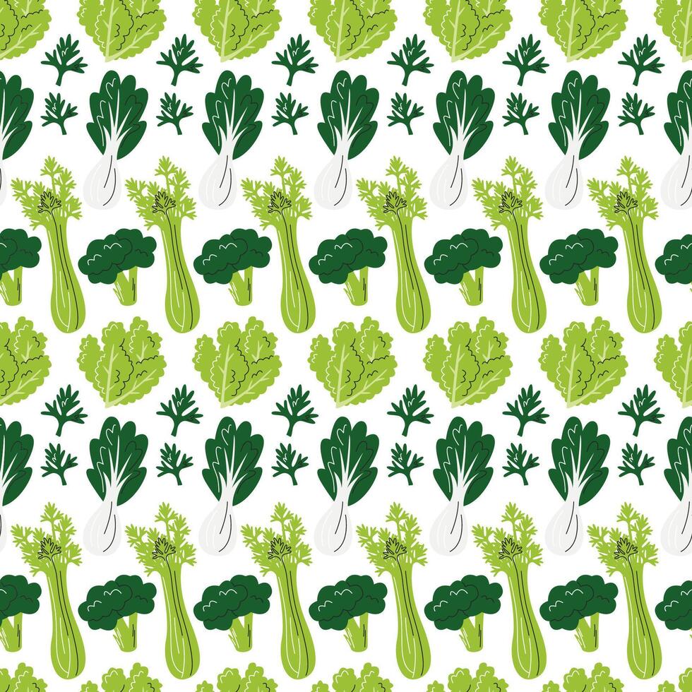 verde verdure senza soluzione di continuità modello. salutare frullato ingredienti isolato su bianca. ripetendo sfondo con sedano, broccoli, cavolo, bok choy e aneto. verdure mano disegnato piatto vettore illustrazione