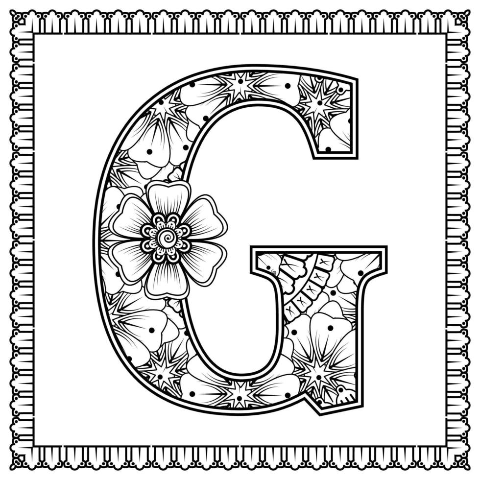 lettera g fatta di fiori in stile mehndi. pagina del libro da colorare. delineare l'illustrazione vettoriale di disegnare a mano.
