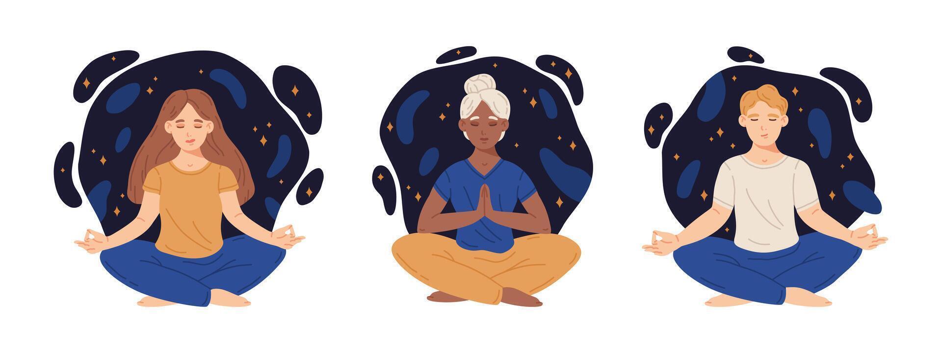 Meditare le persone. cartone animato maschio e femmina personaggi seduta nel yoga loto posa, calmato gli esseri umani meditando. fatica sollievo e meditazione piatto vettore illustrazione impostato